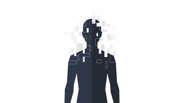 Dark human silhouette symbolizing digital identity loss and mental fragmentation via pixelated disintegration effects on white