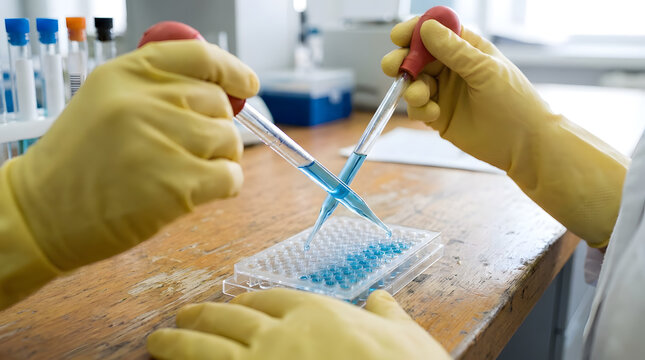 Lab Technician Dispensing Blue Liquid Sample into Microplate using Pipette Bulbs | Laboratory Worker in Yellow Gloves Pipetting Chemical Reagents into Multiwell Plate | Scientific Research Lab Worker 