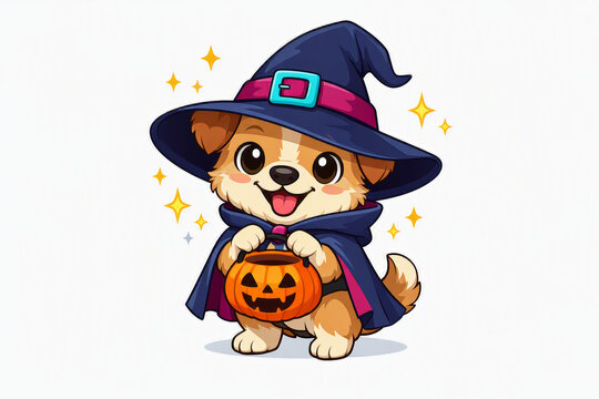 Halloween illustration сute cartoon dog wearing a dark blue witch hat and cape, holding pumpkin bucket with a jack‑o&rsquo;‑lantern face, surrounded by sparkling stars, white background.