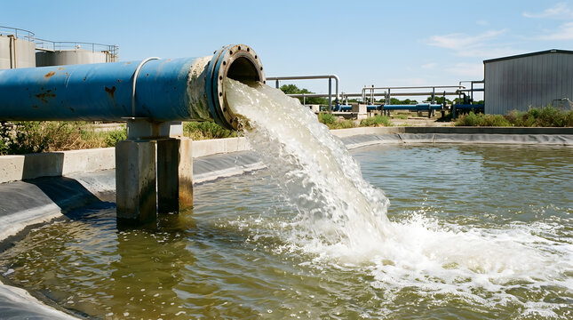 Water Discharging from Large Blue Industrial Pipe into Retention Pond | Pumping Treated Effluent Water from Pipeline into Outdoor Storage Reservoir | Water Flowing from Flanged Blue Pipe into Lined 