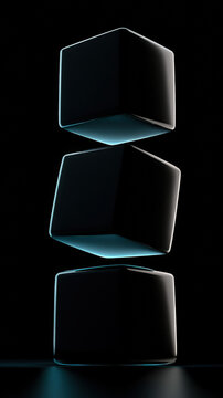 Three Floating Black Cubes with Subtle Blue Futuristic Glow