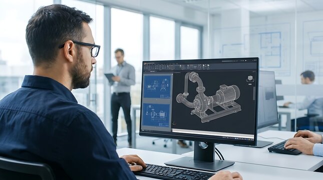 Professional engineer operates cad software to model complex pipe assembly machinery in modern workplace with dual monitors for high precision manufacturing plan.