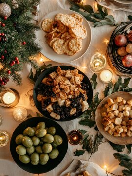A cozy Christmas table setting displays various festive foods, including crackers, bread pudding, and olives, surrounded by warm candlelight and greenery