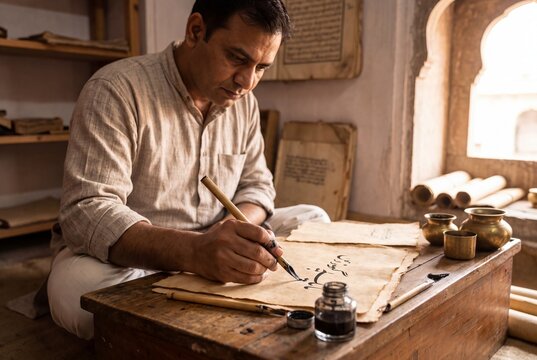Calligrapher writing traditional script with bamboo reed pen on handmade paper