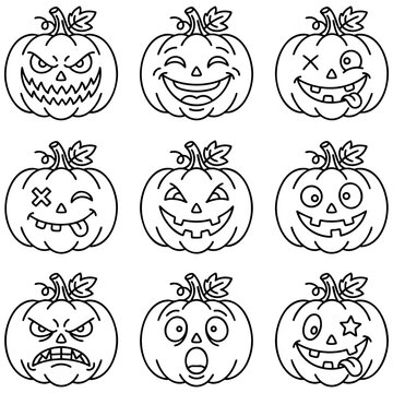 Set of cute and spooky halloween pumpkin jack o lanterns with various funny and scary facial expressions vector halloween collection