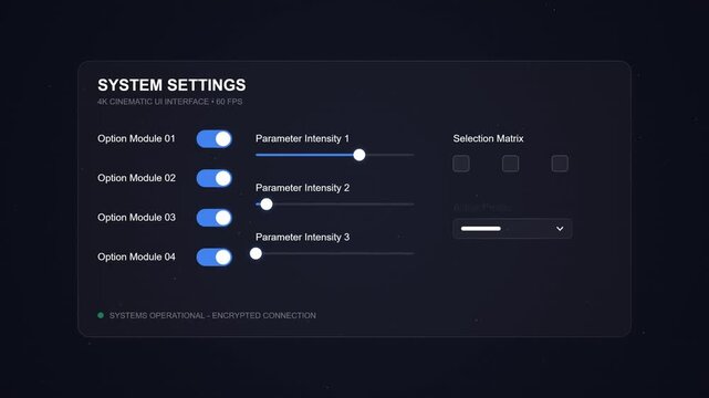 Cinematic system settings interface with parameter sliders and toggles advanced