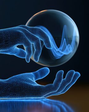 Digital Wireframe Hands Holding Transparent Sphere with Glowing Waveform