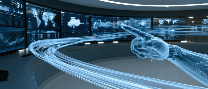 Futuristic Command Center with Curved Digital Route and Monitoring Screens