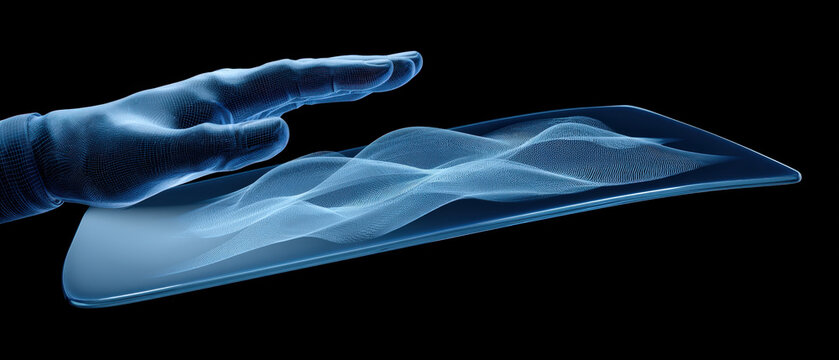 Transparent Blue Holographic Hand Interacting with Futuristic Touch Surface
