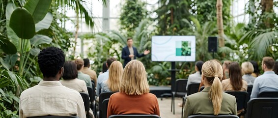 Fototapeta premium Diverse corporate audience listening to keynote speaker giving presentation on large screen in modern botanical greenhouse meeting space for eco innovation event.