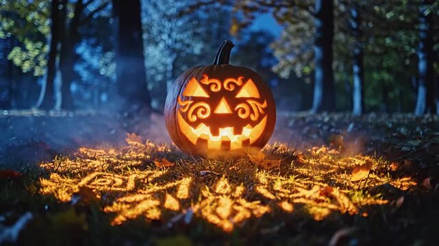 A glowing carved pumpkin sits on the grass at night time