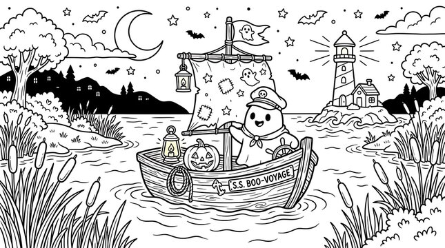 Cute ghost captain sailing a wooden boat named s.s. boo voyage on a lake with a lighthouse and spooky night sky coloring page for kids