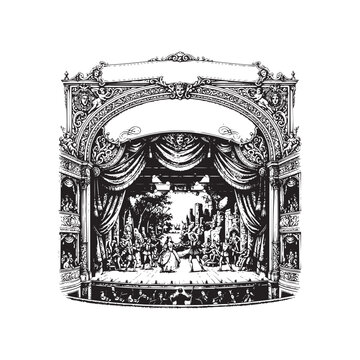 Ornate theatre proscenium arch with detailed baroque carvings and performers on stage for classical drama musical production artistic backdrop.