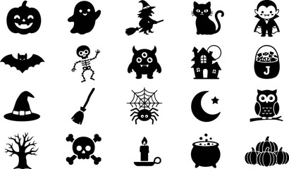 Naklejka premium Cute halloween icon set featuring pumpkins ghosts witches and spooky creatures for holiday festive graphic art.