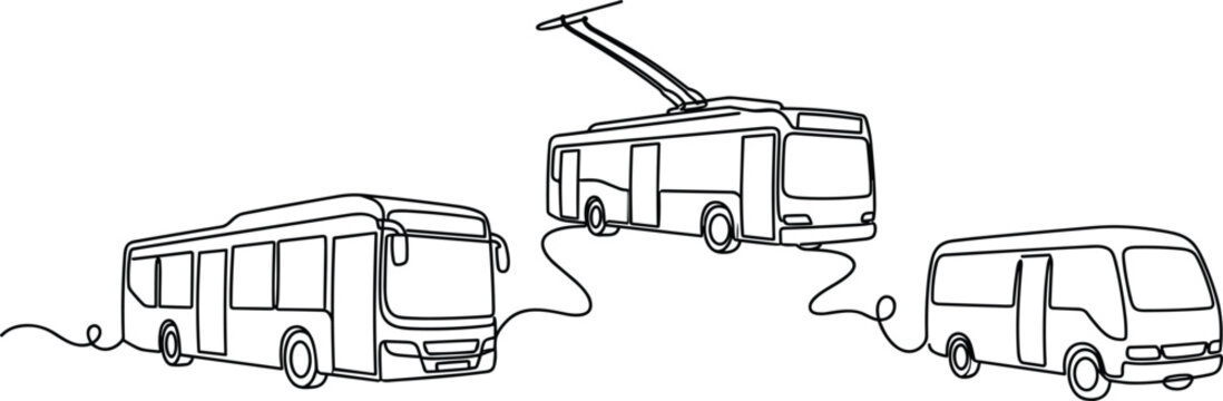Public transport city bus trolleybus and minibus vehicle set single line drawing concept vector illustration isolated on white