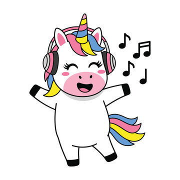 Smiling unicorn wearing headphones and dancing to music with colorful mane and tail