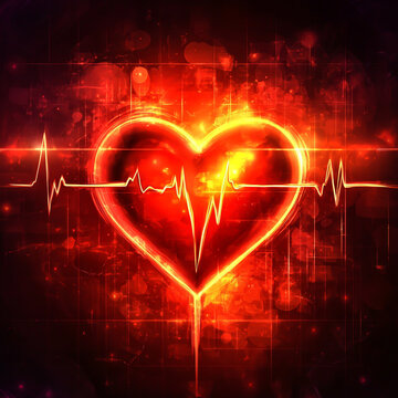 Glowing red heart with an electrocardiogram heartbeat line on abstract dark background cardiology background pulse line heart health fire heart