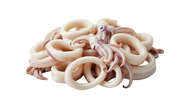 Fresh raw squid rings and tentacles piled together on a white background, highlighting the translucent white and purple hues of the seafood