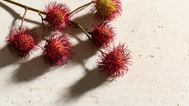 A bright editorial composition featuring rambutan fruit positioned diagonally across pale limestone