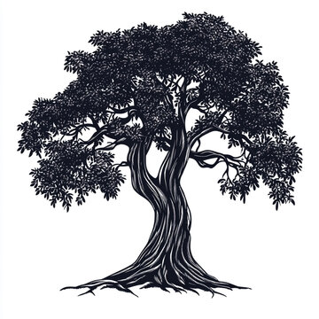 Detailed black and white engraving style illustration of a large leafy tree with dense foliage and roots vintage tree hand drawn tree antique illust