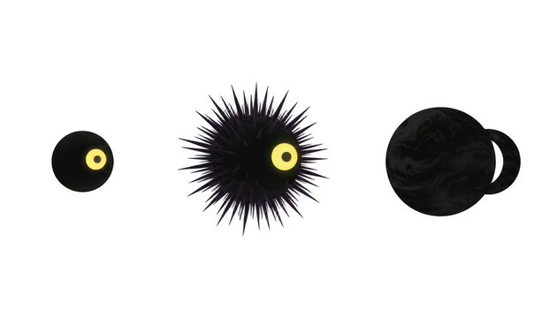 Abstract Dark Creature and Spherical Shapes with Yellow Eyes