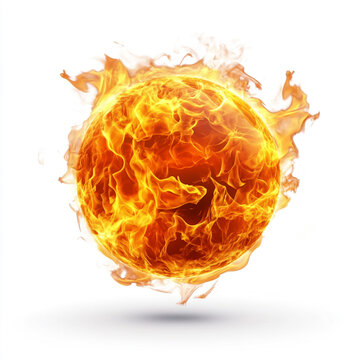 Fiery burning sphere engulfed in bright orange flames isolated on a pure white background with fire ball flaming ball fiery circle hot fire