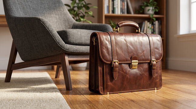 Briefcase on floor beside chair in a cozy modern living room  