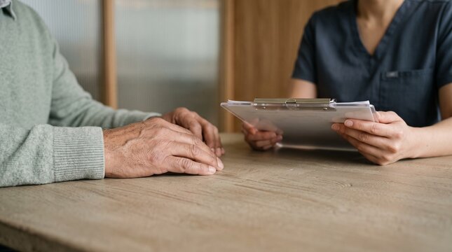 Close-up of a senior patient and a healthcare professional holding a clipboard during a medical consultation