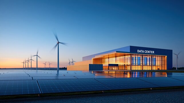 Modern data center at dusk, illuminated beside spinning wind turbines and vast solar panels, highlighting sustainable power for high-tech infrastructure.