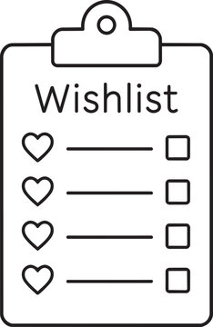 Wishlist clipboard with hearts and checkboxes black line icon on white background