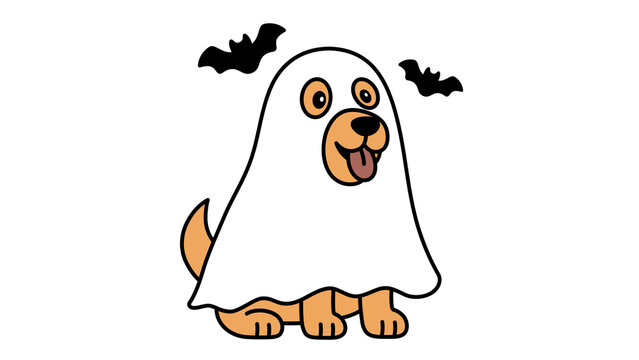 Dog Dressed as a Halloween Ghost with Bats Flying Overhead. Whimsical Cartoon Illustration Perfect for Seasonal Greetings
