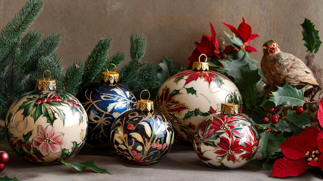 Festive christmas table setting featuring vintage glass baubles and red poinsettia flowers christmas ornaments holiday decor pine branches december