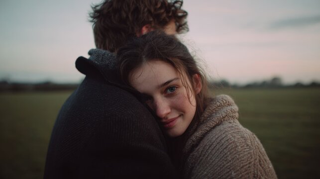 a close-up of the couple's faces, showing their deep love and affection as they embrace each other in an open field with a gentle wind blowing through her hair
