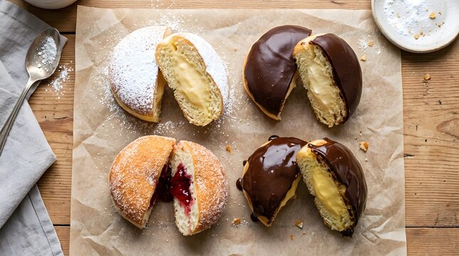 Assorted cream and jelly filled donuts on rustic wooden table top view perfect for National Cream Filled Donut Day