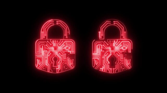 Glowing red digital padlocks with circuit board pattern