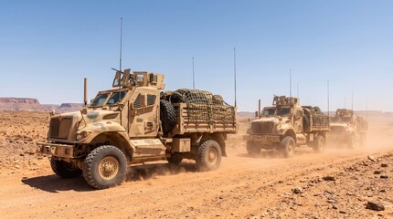 Naklejka premium convoy of armored military vehicles driving through arid desert landscape kicking up dust. army deployment, tactical transport, modern warfare, defense forces. banner, website header with copyspace.