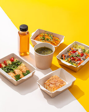 Healthy meal prep delivery ration with soup pasta chicken dessert and juice in paper containers on split background