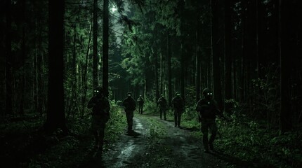 Fototapeta premium special forces squad patrolling dark forest. soldiers wearing glowing green night vision goggles and tactical gear. stealth combat mission. banner, website header with copyspace.