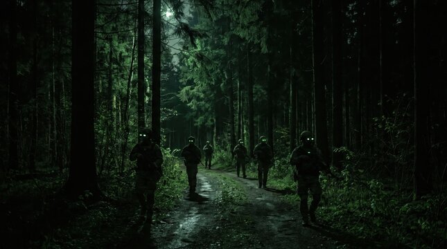 special forces squad patrolling dark forest. soldiers wearing glowing green night vision goggles and tactical gear. stealth combat mission. banner, website header with copyspace.