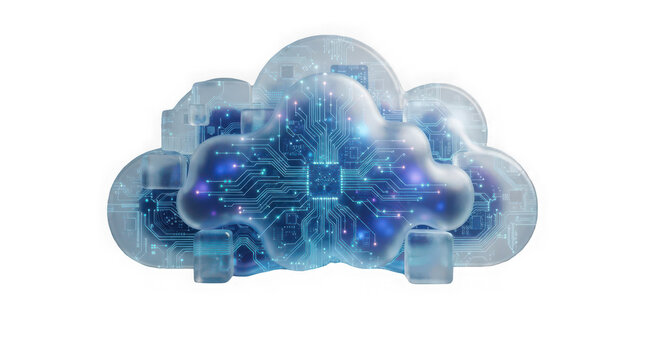 Cloud computing network visualized as a glowing translucent blue cloud embedded with digital circuits and data nodes.