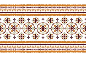 Ornamental folk floral border pattern in maroon and ochre © Khunmae_Studio