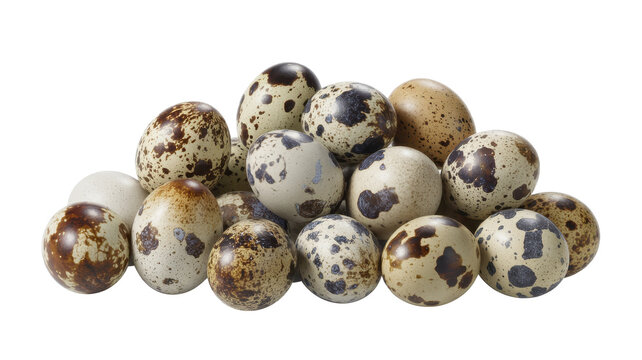 A cluster of small quail eggs featuring dark brown speckles and spots on smooth shells, gathered on a white background, for food display