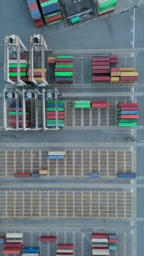 Aerial view of containers at shipping port terminal. Vancouver, Canada.