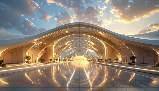Futuristic architectural walkway with arched ceiling and reflective floor at sunset