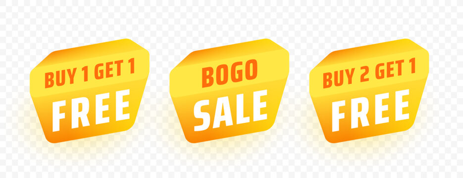 isolated yellow bogo sale offer promo tags in set of three
