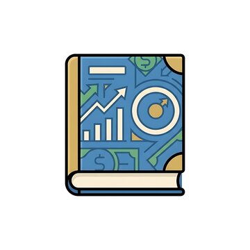 Financial literacy handbook icon with business growth charts and investment target symbols