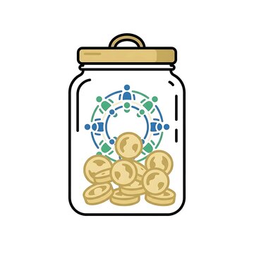 Community savings jar with gold coins and social network icon vector illustration