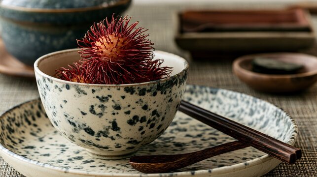 A refined hospitality composition featuring rambutan fruit displayed on artisan ceramics with elegant presentation