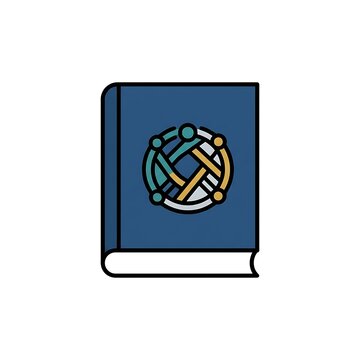 Blue book icon with a circular abstract network symbol for finance and education