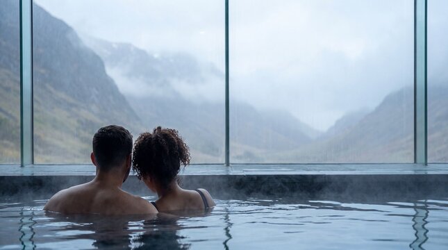 Rear view of a romantic young couple relaxing in a warm thermal pool of a luxury spa resort, looking at the misty mountain landscape through a large panoramic window.